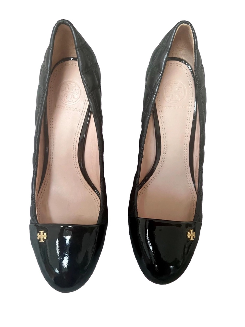 Tory Burch Quilted Patent Cap-Toe Wedge Pumps-Black- 8M